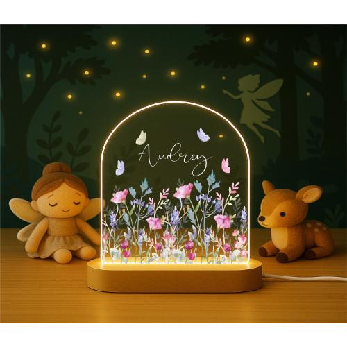 Custom Name Floral LED Lamp, Butterfly Nursery Decor, Birthday or Baby Keepsake Gift Personalized Wildflower Night Light