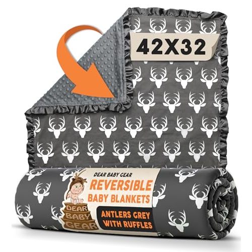 Dear Baby Gear - Reversible Baby Blankets - Soft Nursery Blanket for Newborn - Toddler Blankey - Throw Blanket for Boys & Girls - Infant Blankets - 42x32 (Antlers Grey with Ruffles)