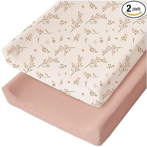 Konssy Muslin Changing Pad Cover for Baby Girls Boys, 100% Cotton Fitted Diaper Chang Table Covers, Soft Breathable Changing Pad Sheets, 2 Pack (Floral,Pink)