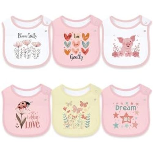 6 Pack Cotton Baby Bibs for Girls Boys with Waterproof layer for Drooling Eating teething with Snaps