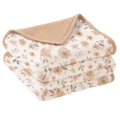 Konssy Muslin Baby Blankets for Girls Boys 47"x47", 100% Cotton Crib Blanket for Infant Toddler, Super Soft and Lightweight Nursery Swaddling Wrap (Flourish)