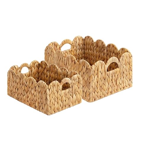 Set of 2 Scalloped Edge Wicker Storage Basket with Built-in Handles, Rectangle Water Hyacinth Basket for Organizing, Decorative Woven Rattan Basket for Shelf, Nursery Room