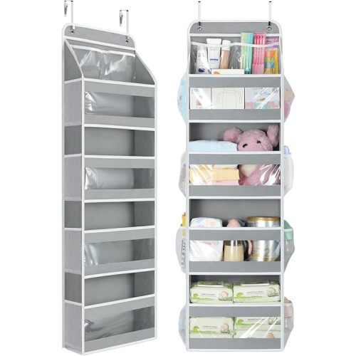 Yecaye 5 Tier 1Pc Over the Door Organizer, Swing-proof Door Organizer Hanging with Clear PVC Windows, Behind the Door Storage for Bedroom Nursery Closet Laundry Pantry Bathroom, Grey