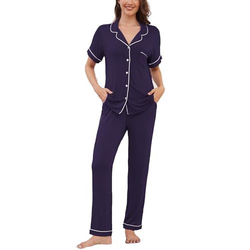 Womens Pajama Set Soft Pjs Short Sleeve Sleepwear with Long Pants 2 Piece Lounge Sets S-XXL