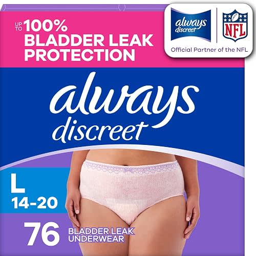 Always Discreet Adult Diapers for Women, Incontinence Underwear, Postpartum Essentials, Disposable Briefs, Max Absorbency, Bladder Leak Protection, Large, 76ct