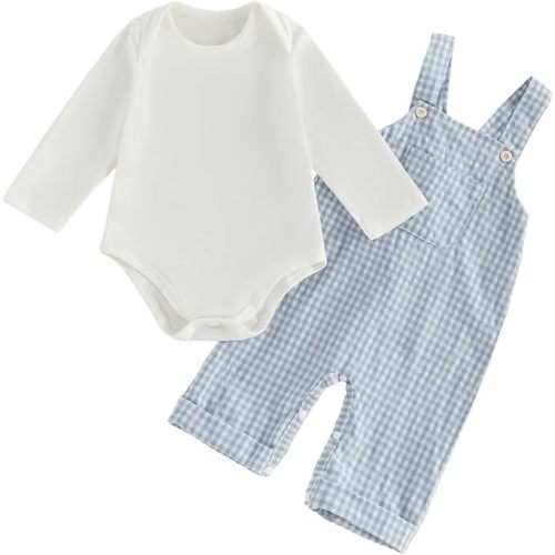 Newborn Baby Boy Clothes Fall/Winter Outfits Solid Long Sleeve Romper Plaid Suspender Pants Infant Overalls Set Hat