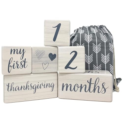Pondering Pine Baby Milestone Blocks - Natural White Stain Pine Wood with Weeks Months Years Grade and Holidays, Newborn Weekly Monthly First Year Picture Props, 6 Block Milestones Age Set with Bag