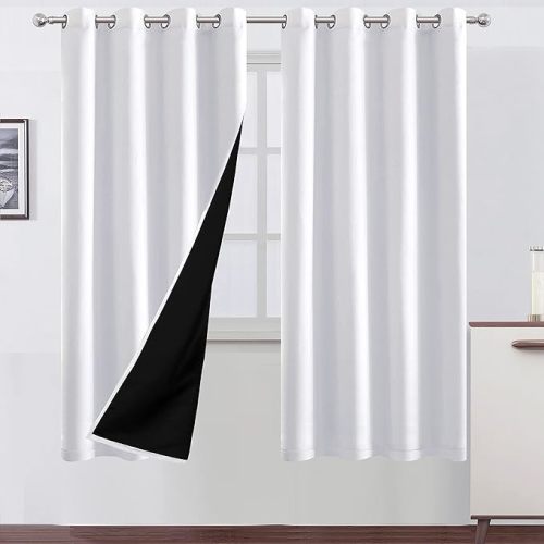 LEMOMO 100% Blackout Curtains 52 x 84 Inches Long Thermal Insulated White Curtains with Black Liner Set of 2 Panels for Nursery Room
