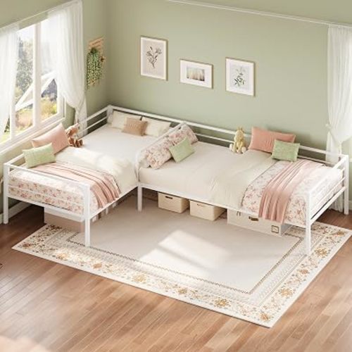 LIKIMIO L Shaped Twin Beds for 2, Double Twin Bed with Rails, White