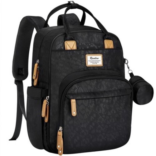 Ruvalino Large Diaper Bag Backpack, Multifunction Baby Changing Travel Bag with Insulated Pockets, Waterproof Backpack for Moms & Dads - Black Leopard