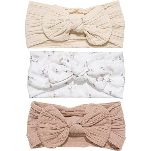 Floral Baby Girls Bows Headbands, 3PCS Soft Stretchy Nylon Hairbands, Handmade Flower Headwraps for Newborns Infants Toddlers
