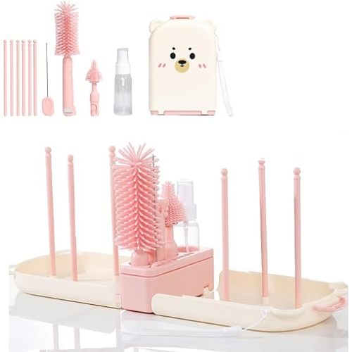 6 In1 Baby Bottle Brush Kit,Portable Silicone Bottle Brush Cleaner Set with Straw Brush,Nipple Brush,Drying Rack,Soap Dispenser,Storage Bag for Travel or Home (Pink)