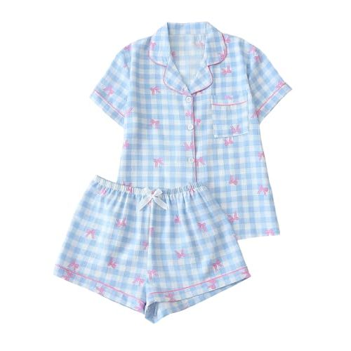 Verdusa Women's Plaid 2 Piece Cute Pajama Sets Short Sleeve Button Down Shirts with Shorts Loungewear