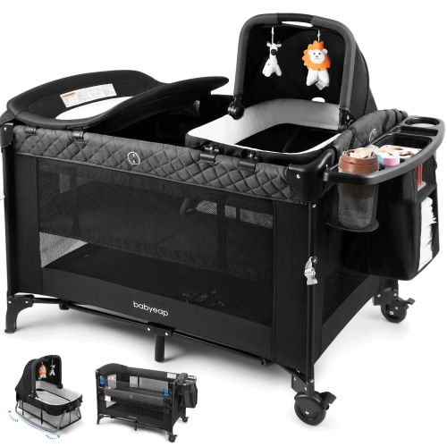 Babyeap 7-in-1 Baby Bassinet with Playard and Bedside Sleeper, Changing Table, Toy Bar, Extra Large Storage Bag, Travel Crib for Newborns and Infants, Black