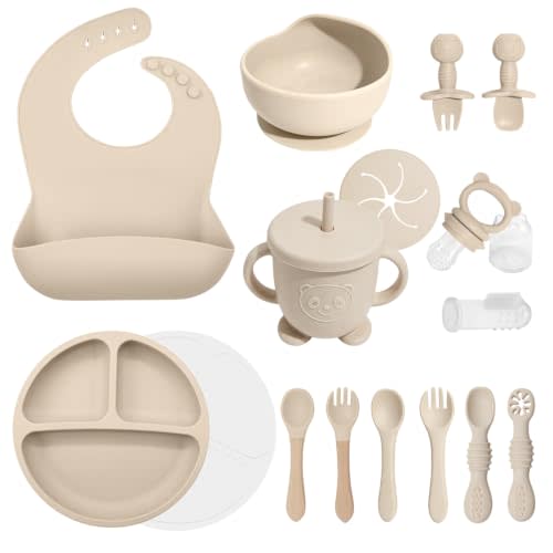 Silicone Baby Feeding Set 17 Pcs, Baby Led Weaning Supplies with Suction Plates & Bowls, Bib, Baby Utensils Spoons Forks, Sippy Cup, Fruit Feeder, Finger Brush, BPA-Free Eating Essentials (Beige)