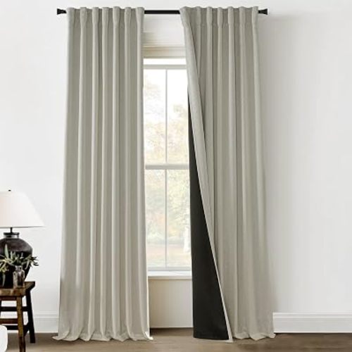 Greige Neutral Linen Blackout Curtains - Thermal Insulated Thick Lined Drapes 84 Inch Length 2 Panels Set