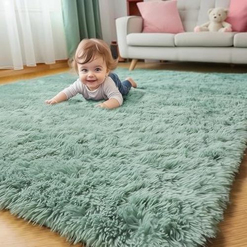 Amdrebio Sage Green Area Rugs for Living Room Bedroom Aesthetic, Fluffy Furry Rug 6x9 for Nursery, Teen Boys, Baby Kids Room Decor, Cute Shaggy Carpet for Playroom Dorm, Fuzzy Plush Light Mint Rug