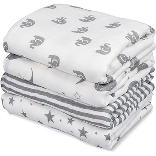 GLLQUEN BABY Muslin Swaddle Blankets 4-Pack Breathable Receiving Blankets (35" x 40") Soft Baby Blankets for Girls and Boys Newborn Essentials Muslin Burp Cloths Swaddle Wrap Baby Gift (Elephant)