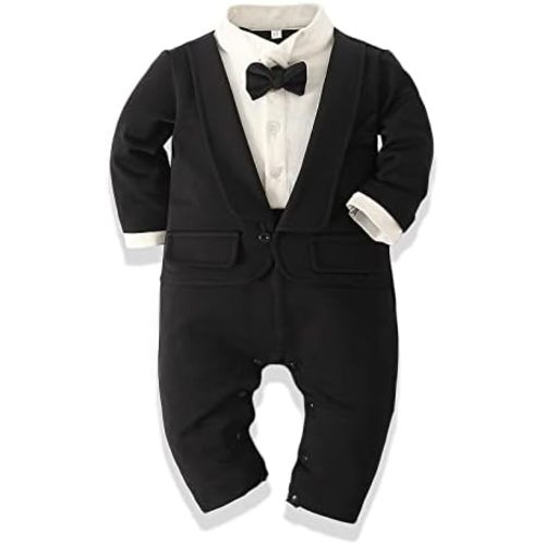 Kimocat Baby Boy Romper Tuxedo Jumpsuit Gentleman One-Piece Button-Down Bowtie Wedding Suit Bodysuit