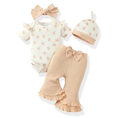 Renotemy Newborn Baby Girl Clothes Infant Romper Spring Summer Outfits Gifts Bell Bottoms Pant Sets for Girls Preemie-12Month