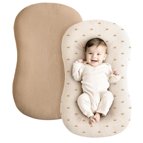 Konssy Muslin Baby Lounger Cover 2 Pack, 100% Cotton Newborn Lounger Cover, Soft and Breathable Baby Nest Slipcover for Boys Girls (Camel,Sun)