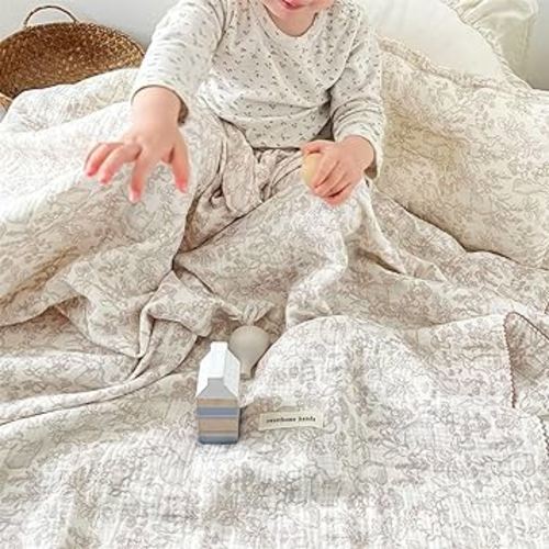 BuLuTu 4-Layer Large Baby Crib/Cradle Blanket Nursery Throw Blanket Reversible Cotton Muslin Kids Bed Blanket for Boys Girls,Breathable,Lightweight,Forest Rabbit Mushroom Pattern,47''x51''