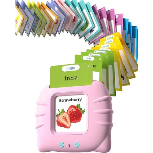 Bilingual Pink Spanish and English Talking Flash Cards, Pocket Speech Therapy Tools with 512 Words, Montessori Language Learning and Autism Aids, Children's Sensory Learning Kits, Birthday Present