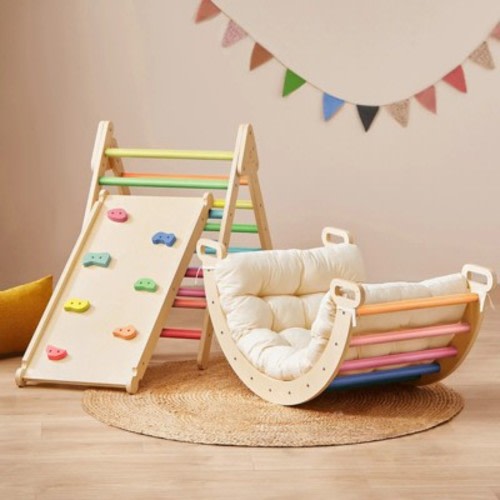 Tiny Land® 7-in-1 Rainbow Pikler Triangle Climbing Set with Play Pad - Baby Indoor Playground Jungle Gym