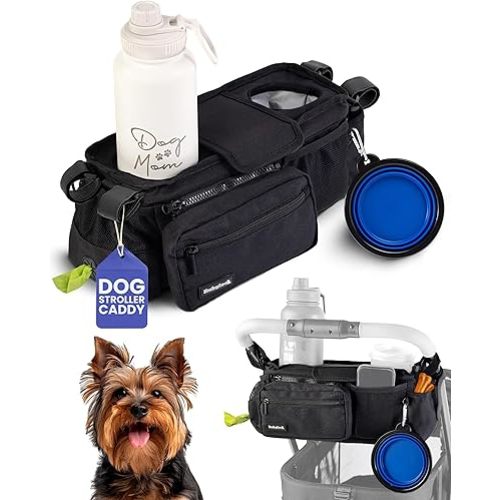 Dog Stroller Caddy Organizer with Poop Bag Dispenser, Treat Pocket, Water Bowl – Dog Stroller Accessories with Insulated Cup Holders, Pet Storage & Non-Slip Fit for 14"-19" Wide Handlebars
