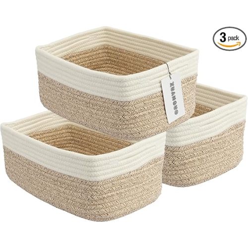 XUANGUO Small Woven Storage Baskets for Shelves, 12" x 8" x 5", White/Brown