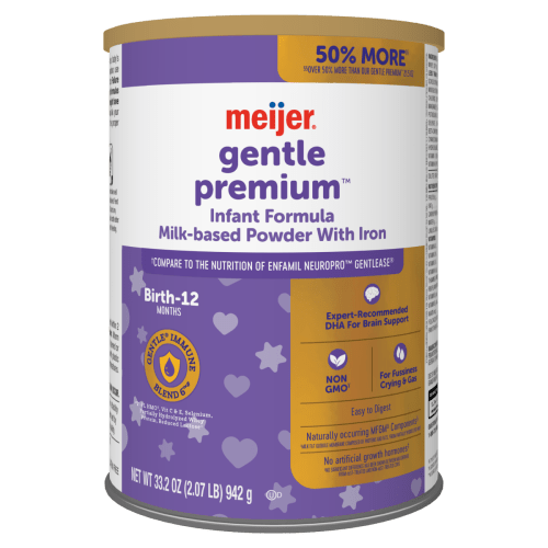 Meijer Gentle Premium Baby Formula Milk-Based Powder with Iron; For Fussiness, Gas and Crying; DHA to Support Brain Development; HMO Immune Support; Easy to Digest, 33.2 oz