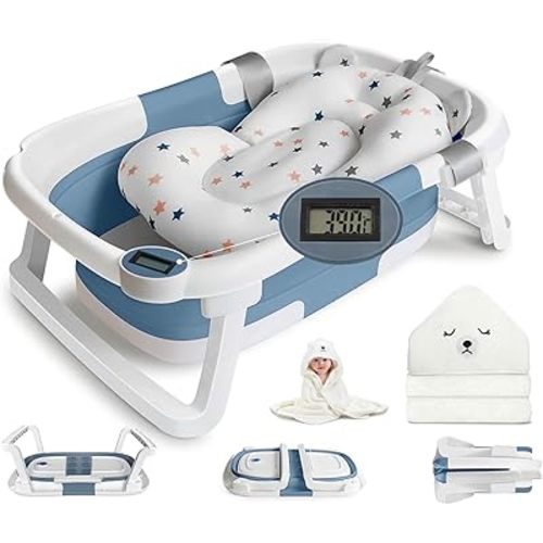 Collapsible Baby Bathtub for Infants to Toddler, Portable Travel Bathtub Multifunctional Bathtub with Drain Hole, Baby Folding Bathtub for Newborn 0-36 Month (Light Blue +Floating Baby Bath Cushion)