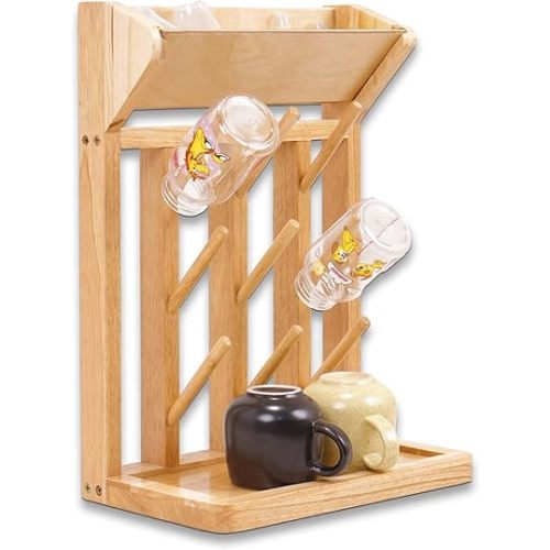 Natural Vertical Bottle Drying Rack Rubber Wood 9 Hooks, Use for Bottles, Cups, Mugs, Glasswine, Space Saving Storage Shelf Bottle Holder Dryer Kitchen