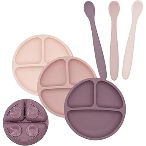 WeeSprout 3 Suction Plates & 3 Soft-Tip Spoons Bundle - Complete Mealtime Set - Silicone Baby Dinnerware - Divided Toddler Plates - Microwave & Dishwasher Safe