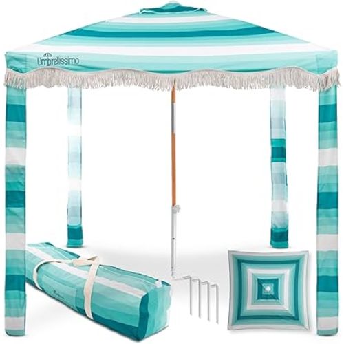 Premium Beach Cabana - Umbrellissimo Aqua Ombre. Includes sand anchor, canvas with designer prints & fringe finishes, sand pockets, pegs, matching carry bag. Easy set up 6.6'x6.6' of cool UPF50+ shade