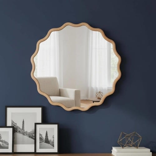 24 inch Wavy Round Solid Wood Frame Decorative Mirror,For Bedroom, Bathroom, Living Room, Entryway