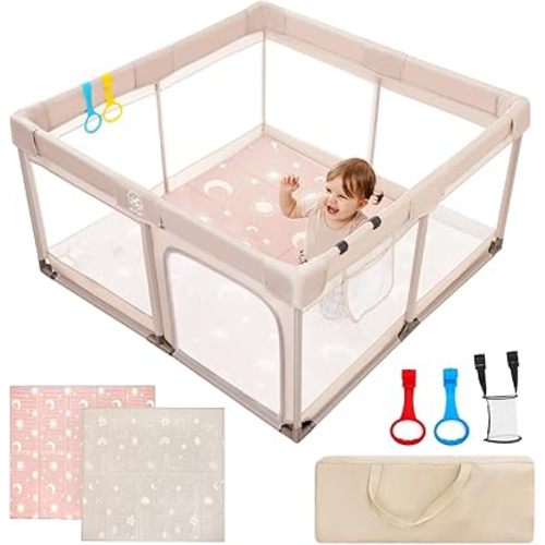 Baby Playpen with Mat, 50x50x27 IN Large Playpen for Babies and Toddlers, Safety Play Yard for Infant, Indoor & Outdoor Play Pen, Baby Fence with Soft Breathable Mesh, Parc pour Bébé