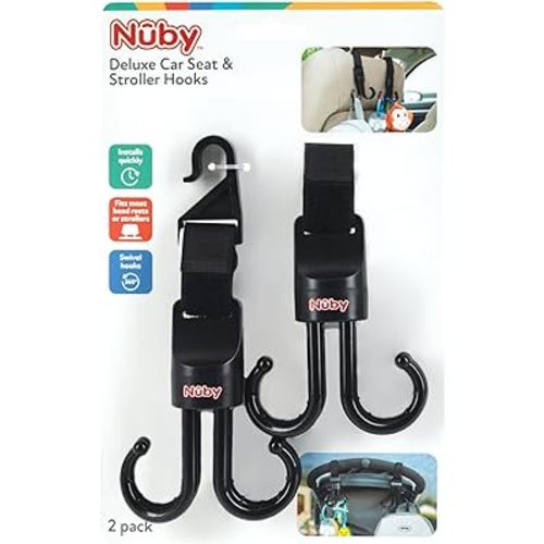 Nuby 2-in-1 Deluxe Adjustable Baby Stroller & Car Seat Hooks for Hanging Bags, Toys- Hang or Remove Items from Hooks with one Hand/ 2 Pack – 8 Hooks Total, Black