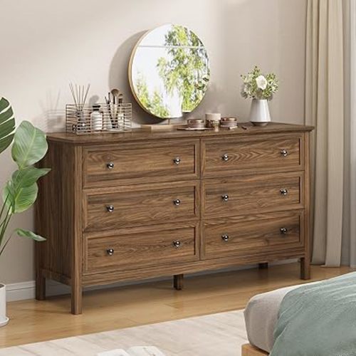 CARPETNAL 55" Walnut Dresser for Bedroom, 6 Drawer Dresser with Wide Drawer and Metal Handles, Wood Dressers & Chests of Drawers for Hallway, Entryway.