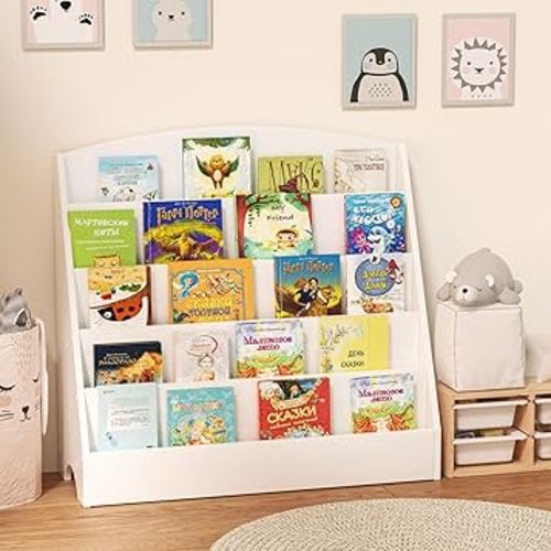 Kids Bookshelf, Children Book Storage Organizer, Kids Bookcase for Bedroom, Living Room, Playroom, Nursery, 5 Tier Sling Toddler Baby Wooden Book Display Shelves, White