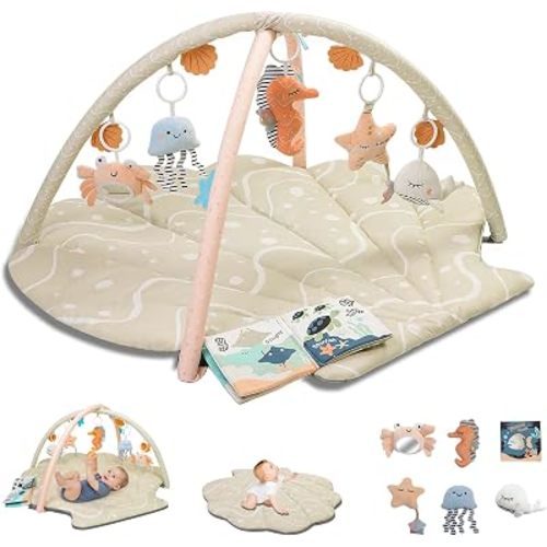 Baby Play Mat, Oversize Shell Tummy Time Mat with 6 Detachable Baby Activity Toys, Baby Gyms & Playmats for Babies 0-12 Months, Baby Essentials Mat for Floor Newborn Baby Shower Gifts (Beige)