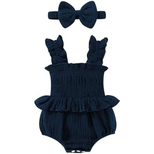 YOUNGER TREE Baby girl Romper Infant Summer Clothes Ruffle Sleeveless One Piece Bodysuit with Bow Headband Newborn Jumpsuit