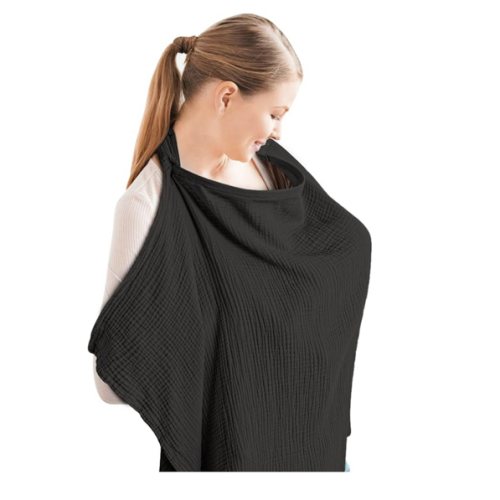 Konssy Muslin Nursing Cover for Baby Breastfeeding, Breathable 100% Cotton Breastfeeding Cover with Rigid Hoop for Mother Nursing Apron, Multi-use Carseat Canopy Canopy (Black)