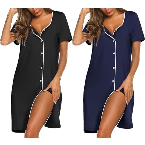 Ekouaer Nightgowns for Women 2 Pack Button Down Sleepshirt Short Sleeve Nightshirt Soft Sleepwear V Neck Pajama Dress
