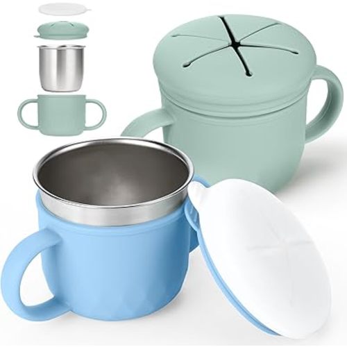 Mity rain 2-Pack Stainless Steel Snack Containers, 4-in-1 Spill proof Snack Cups With Silicone Lid and Handle, Dishwasher Safe Travel Snack Containers for Kids and Infants (Green + Blue)