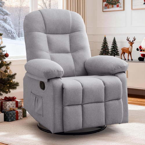 KORSER, Small Swivel Rocker Recliner, Linen Fabric, Light Grey