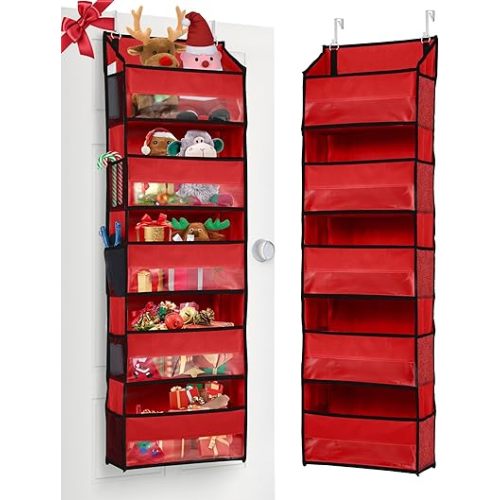 ULG 1 Pack Over The Door Organizer – 5 Shelf Door Organizer Hanging & 10 Side Pockets, Reinforced 44LB Capacity Hanging Organizer, Behind The Door Storage for Bedroom, Nursery, Christmas (Red)
