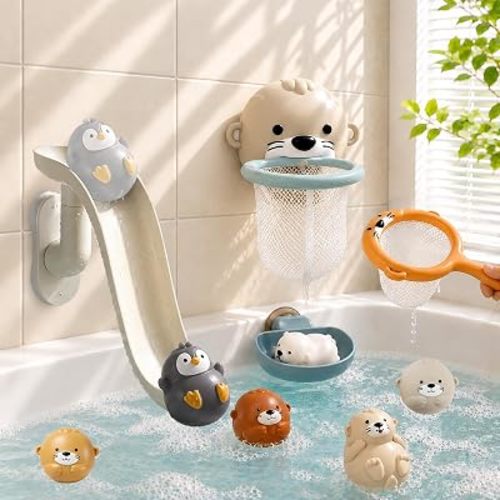 Bath Toys for 3+, No-Hole 6 Floating Sea Animals with Water Slide, Basketball Hoop & Catching Net, Bathtub Toys for Boys Girls, Pool Water Toys for Boys & Girls