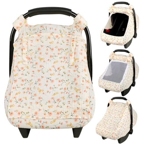 DAYEEBALL Summer Baby Car Seat Cover, Muslin Carseat Cover for Infant Boys Girls with Large Mesh Window, Breathable Newborn Car Seat Canopy, Red Flower