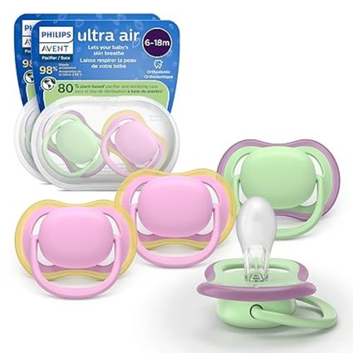 Philips Avent Ultra Air Pacifiers - Orthodontic Design, for Babies 6-18 Months, Soft Silicone Symmetrical Nipple, BPA-Free, 2 Sterilizing Cases, 4 Pack, SCF087/25